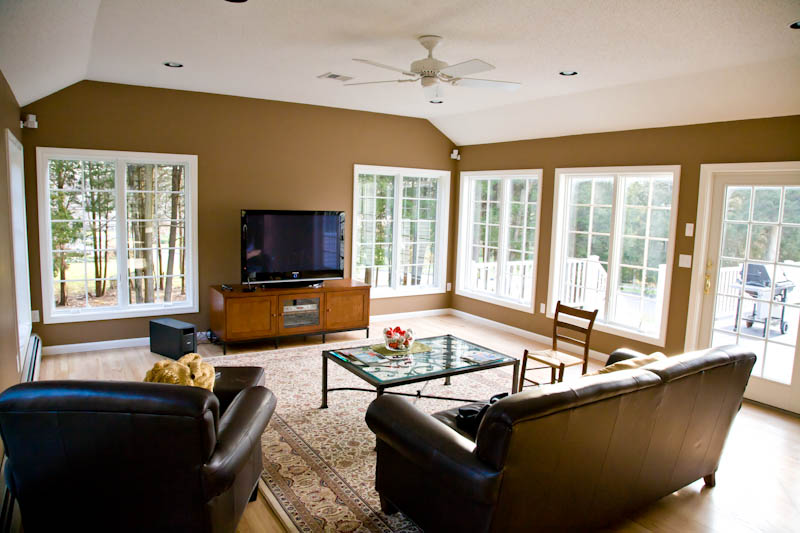 Interior shot of a family room addtion that we built in Rocky Hill CT featuring casement windows.